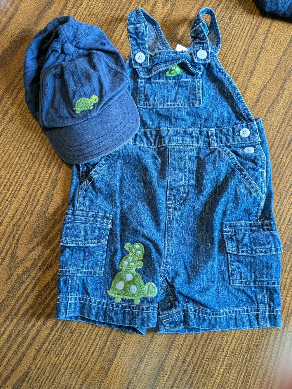Toddler Denim Overalls Shortalls with Turtle Patch & Matching Cap - Blue & Green